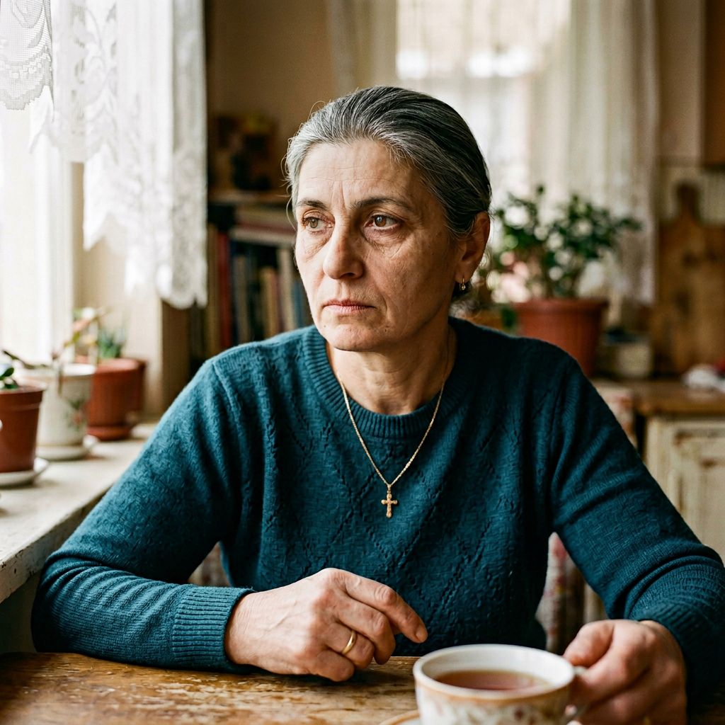 Woman sitting at a table holding a cup of tea in a cozy room with plants and books.