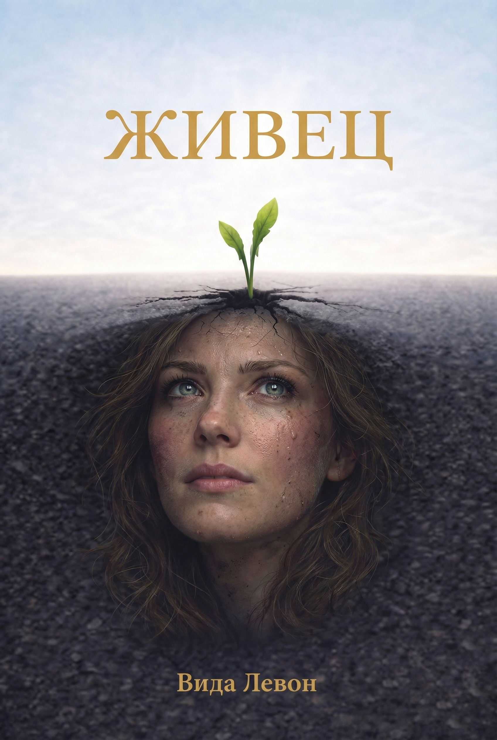 Book cover with a woman's face and a sprouting plant, against a blue sky.