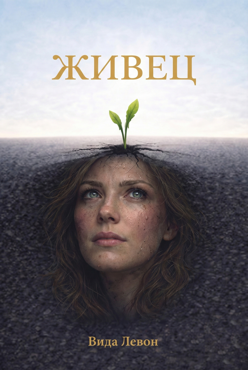 Book cover with a woman's face and a sprouting plant, against a blue sky.