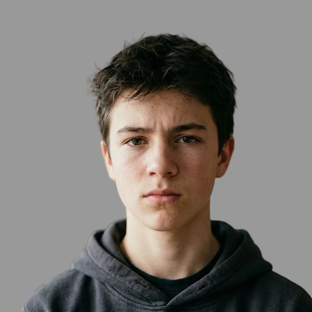 Person wearing a dark hoodie indoors with a neutral background