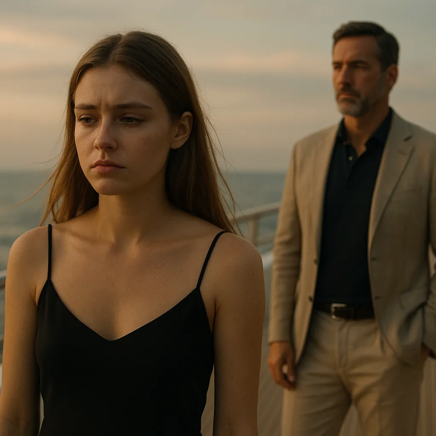 Woman in a black dress standing next to a man in a beige suit against a sunset sky.